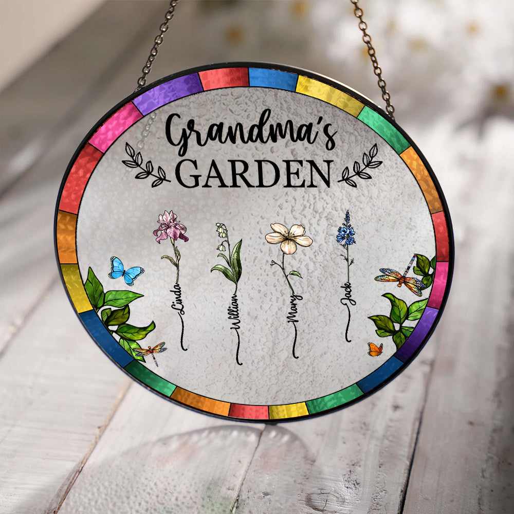 Custom Grandma’s Garden Suncatcher Ornament – Personalized Floral Gift with Family Names – Thoughtful Gift for Grandmother, Birthday & Mother’s Day