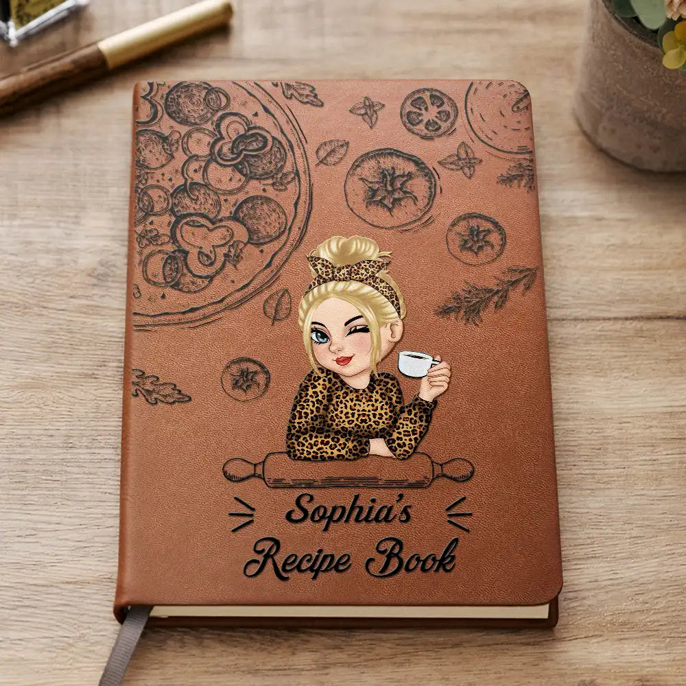 Personalized Leather Recipe Book with Custom Name, Cute Illustrated Cooking Journal Gift for Mom or Home Chef