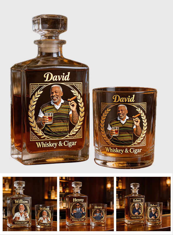 Custom Any Photo, Whiskey & Cigar - Personalized Whisky Whiskey Decanter Set