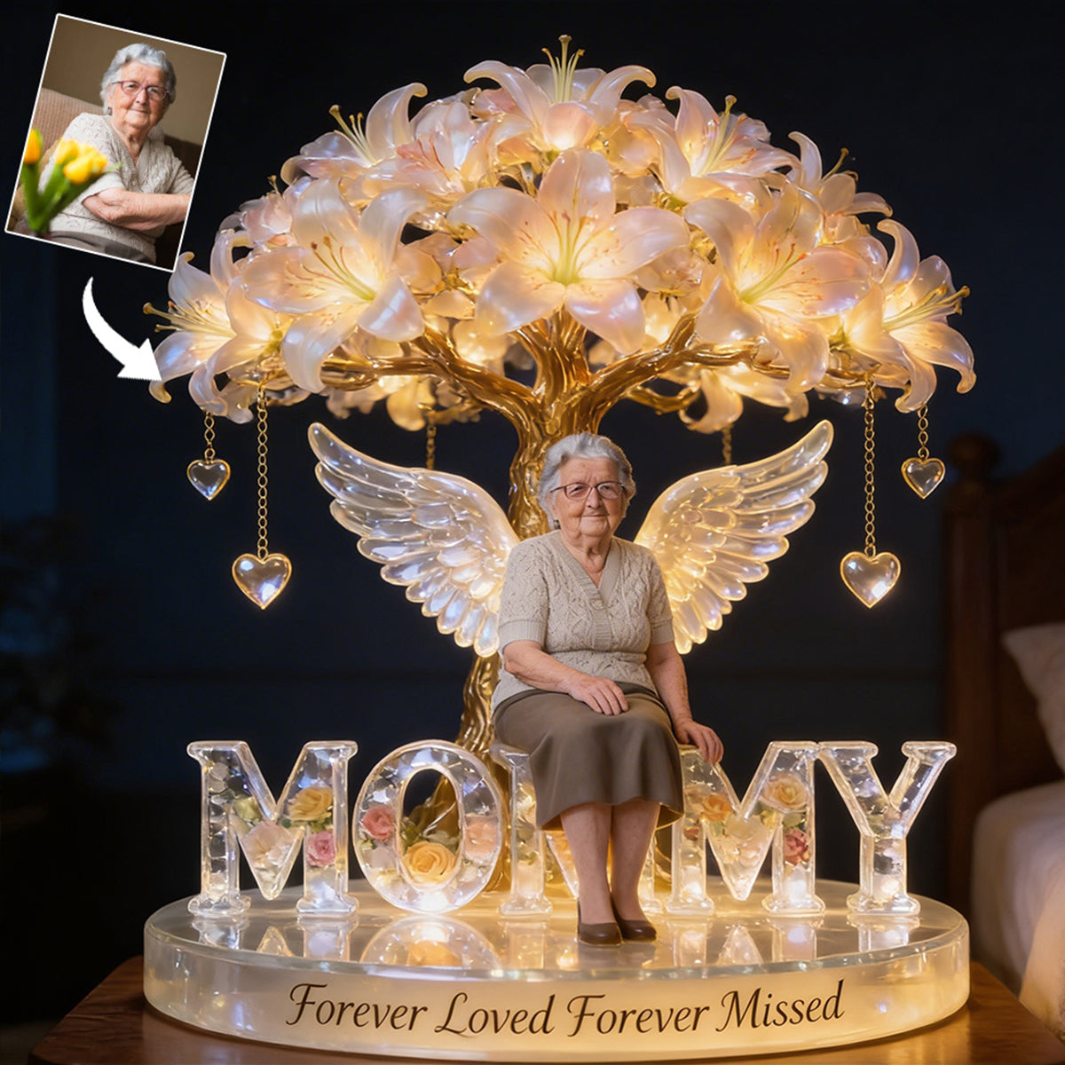 Custom Grandma Always In Our Hearts Angel Wings Figurine, Personalized Memorial Tree Lamp Statue, Sympathy Remembrance Night Light Table Decor