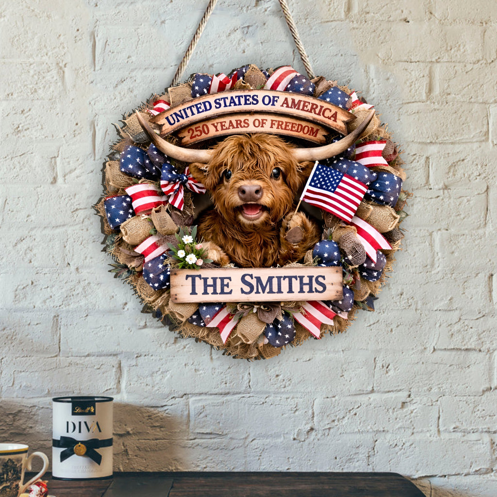 Highland Cow Celebrate 250th Anniversary - Personalized Highland Cow Shaped Wood Sign With Sash