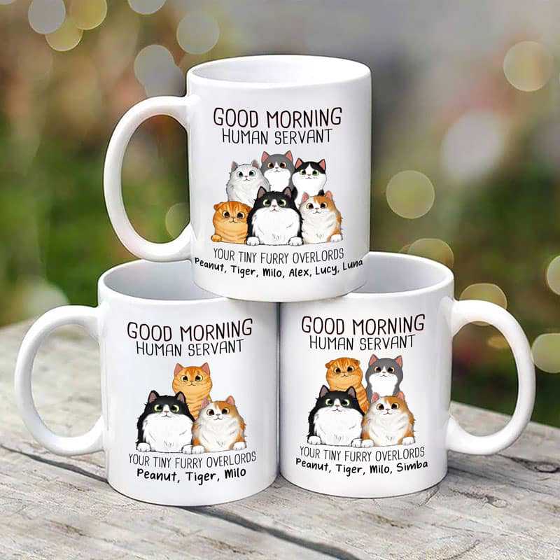“Good Morning, Human Servant” Custom Cat Name Mug – Furry Overlord Edition