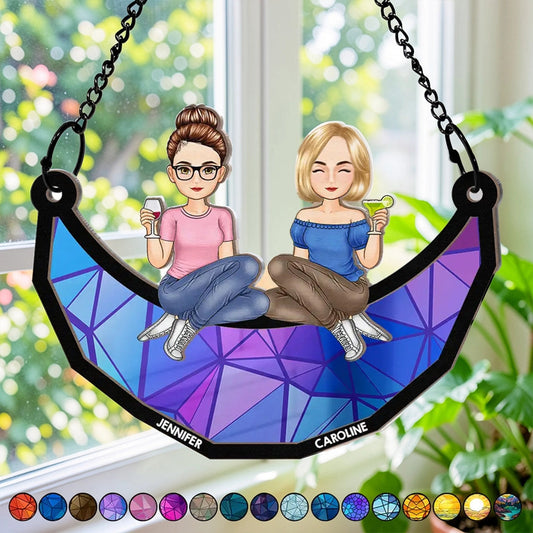 Personalized Best Friends Sitting on a Crescent Moon Wood and Acrylic Layered Ornament, Vibrant Window Display, Unique Gift