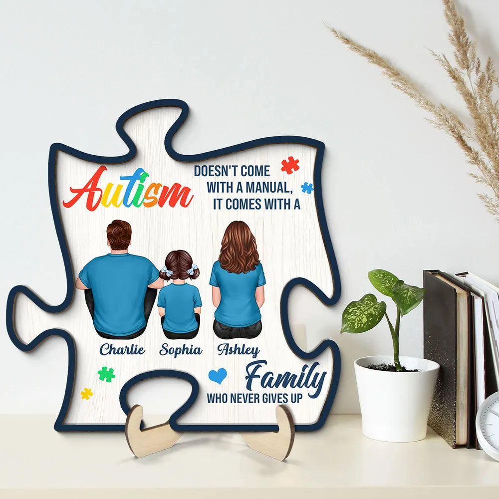 2-Layer Wooden Puzzle Plaque – Autism Family Quote “Family Who Never Gives Up” – Custom Parent & Child Back View Gift