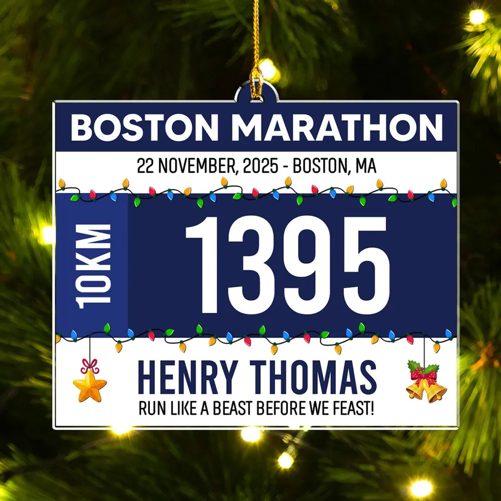 Acrylic Ornament Running Bib Style, modern green & white for holiday decor, celebrate finish lines on the tree, creative gift for athletes & friends