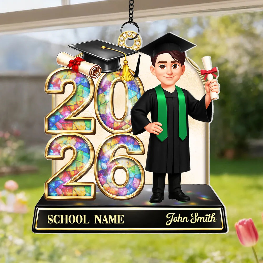 Personalized Class of Graduation Acrylic Suncatcher Ornament for Daughter Son, Cap and Diploma Design, Unique Gift
