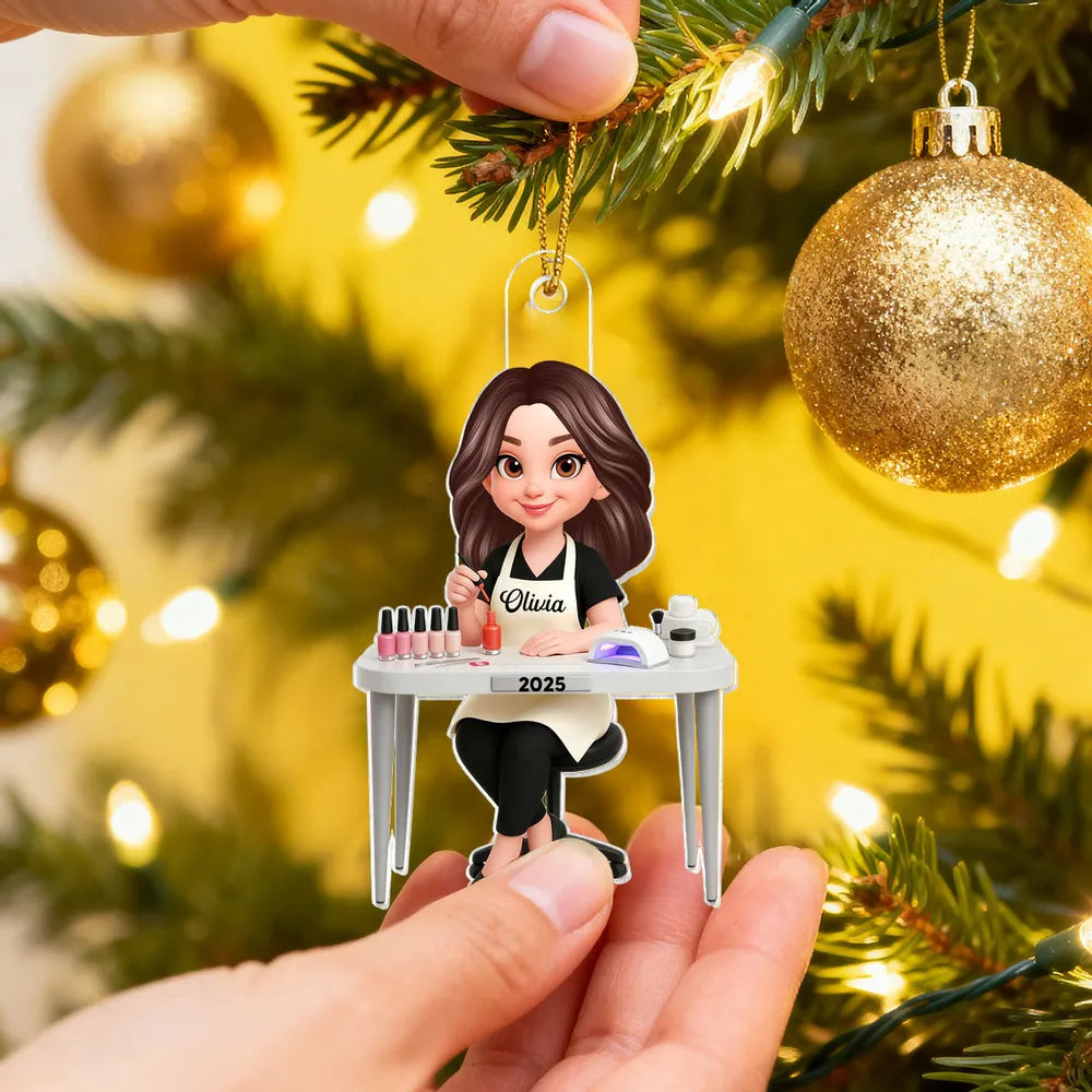 Personalized Acrylic Nail Tech Ornament, Cute Manicurist Desk Scene Keepsake Gift for Beauty Lovers