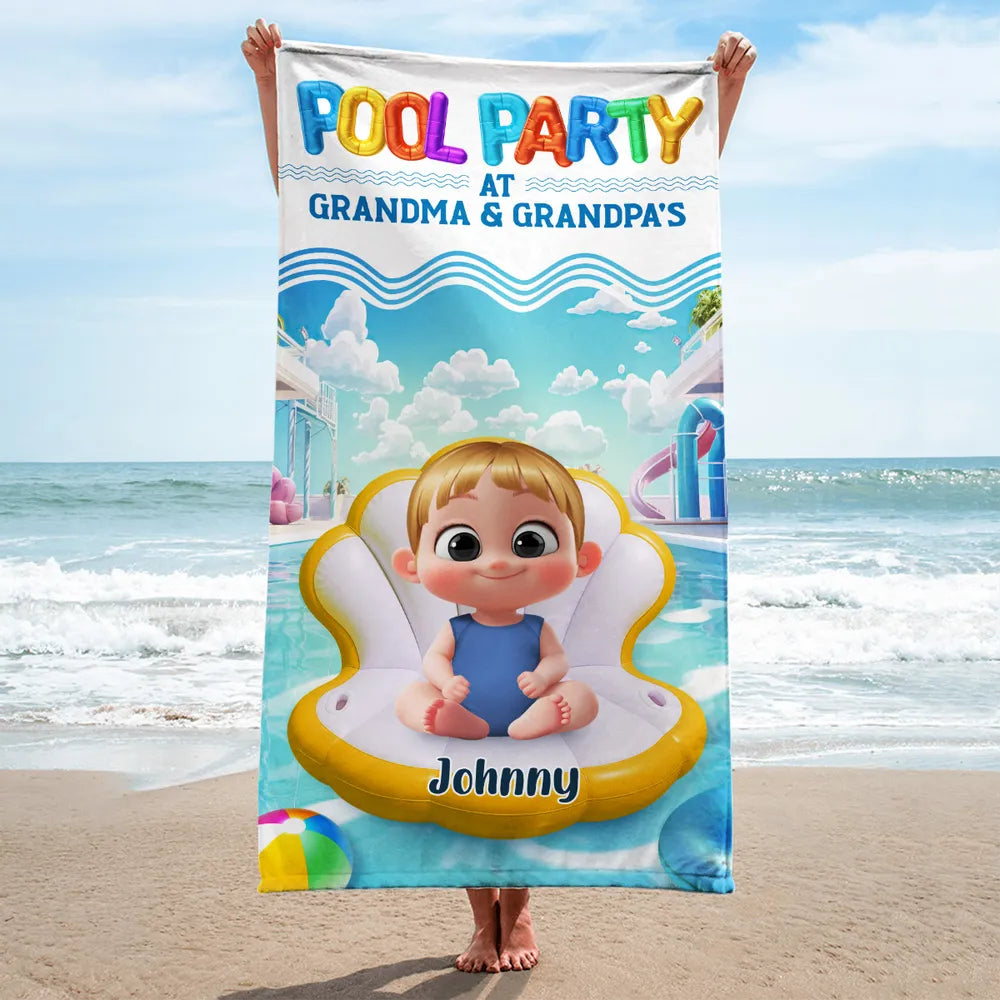 Pool Party at Grandma & Grandpa’s Personalized Beach Towel – Cute Summer Gift for Kids and Grandkids