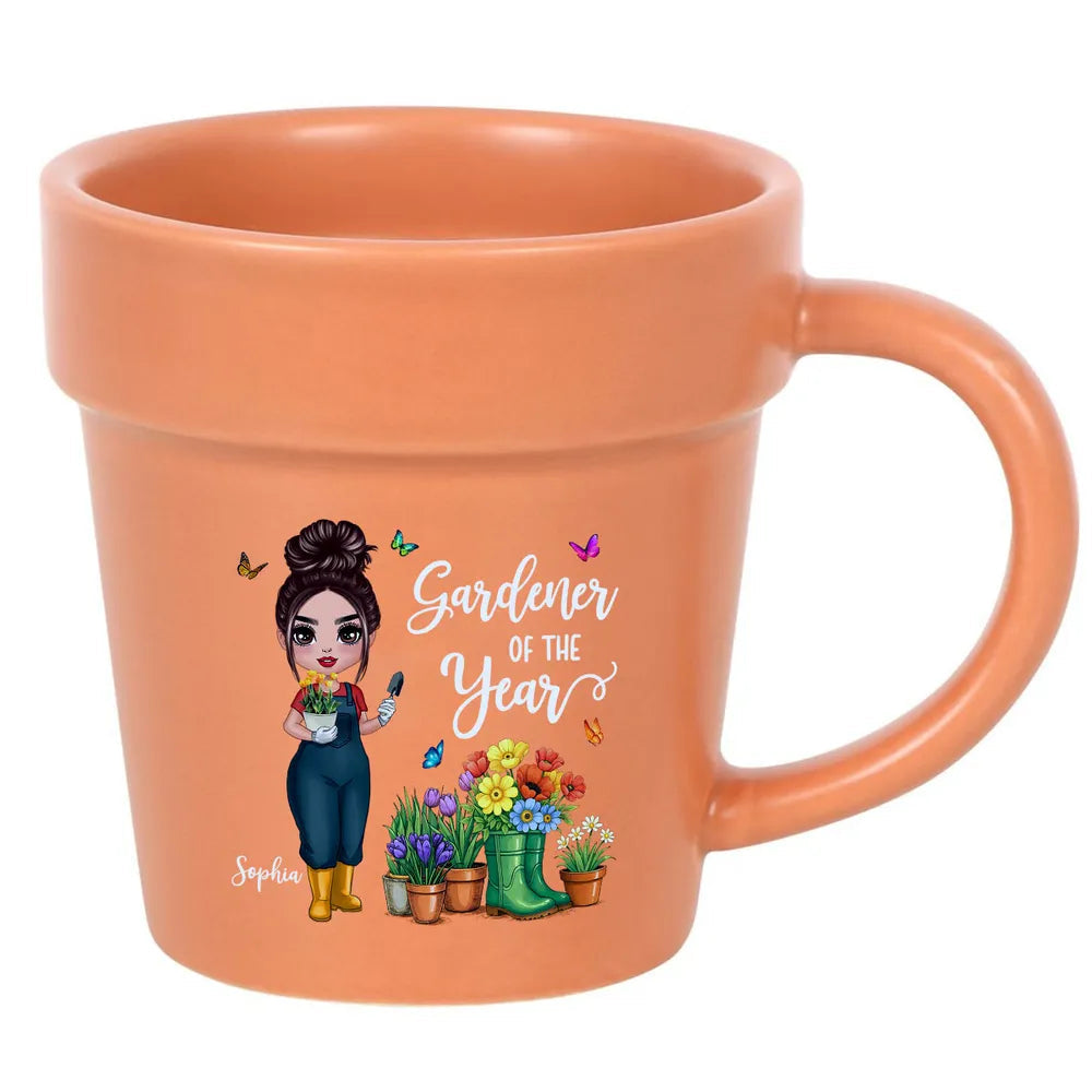“Gardener of the Year” Personalized Plant-Pot Mug with Shovel Spoon – Fun Gift for Green-Thumb Moms, Wives & Grandmas