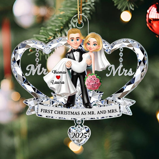 Personalized Acrylic Ornament for Couple, Mr & Mrs Bride in Groom's Arms, Christmas Tree Keepsake Unique Gift