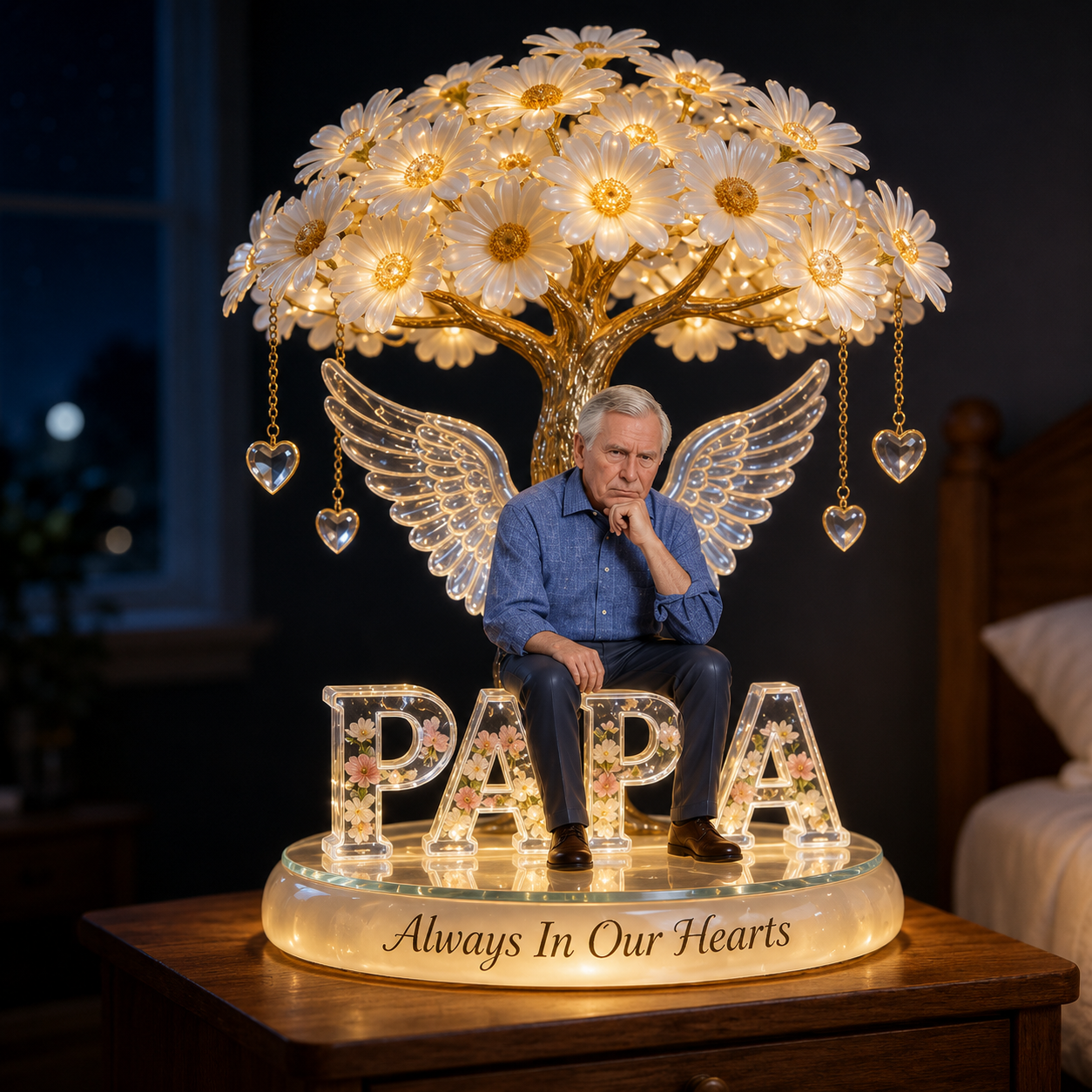 Custom Grandpa Always In Our Hearts Angel Wings Figurine, Personalized Memorial Tree Lamp Statue, Sympathy Remembrance Night Light Table Decor