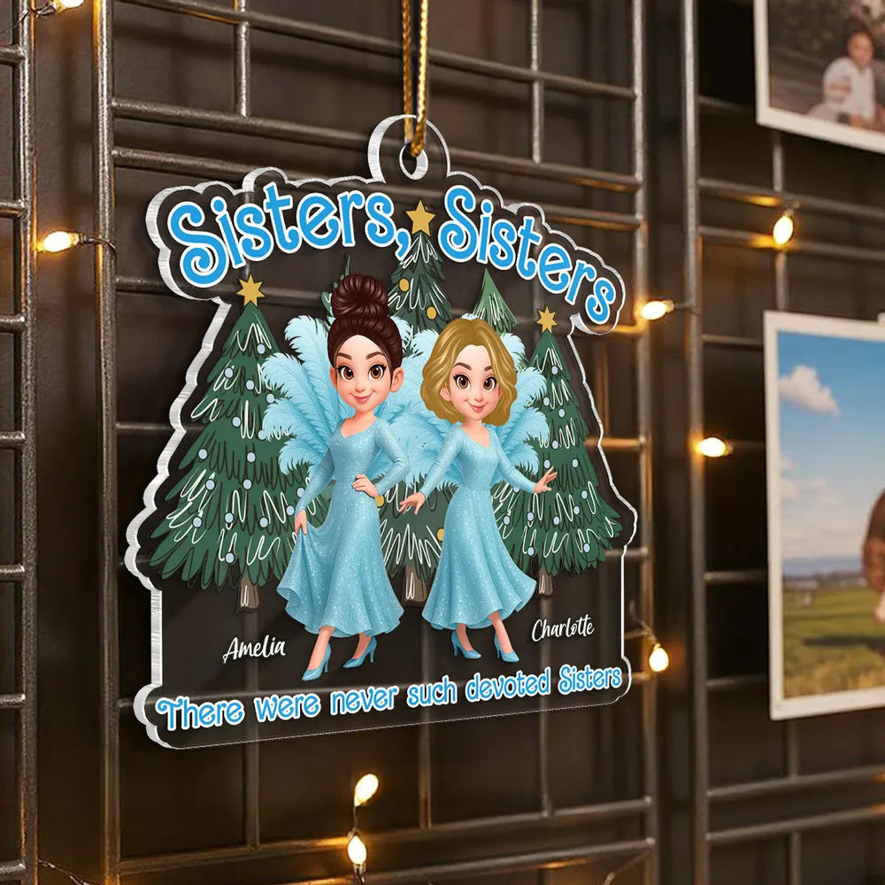 Personalized Sisters Acrylic Ornament featuring glitter blue dress design, holiday decoration and keepsake gift