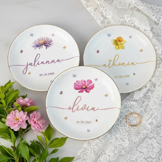 Custom Floral Jewelry Dish with Elegant Accents, Personalized Gift