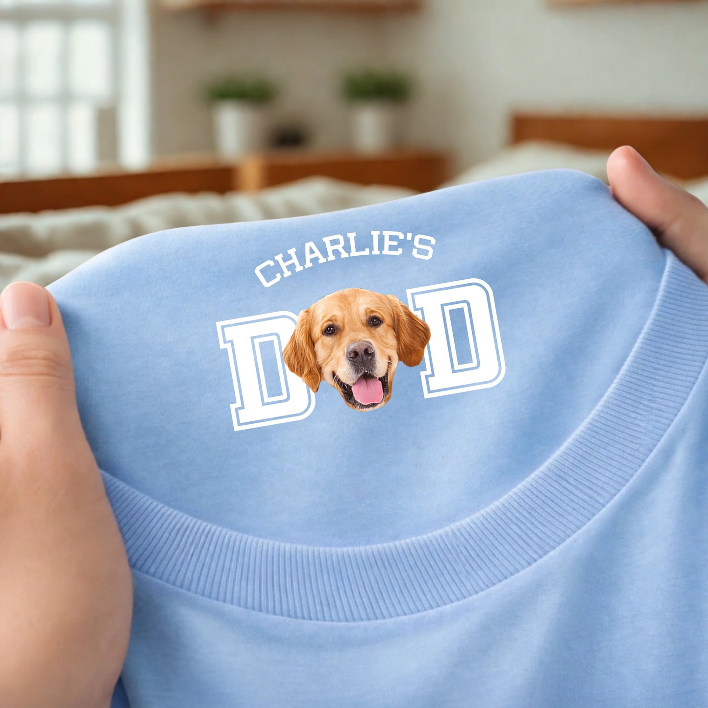 Custom Dog Dad Classic Tee With Pet Photo Neck Print, Navy Minimal Look, A Sweet Unique Gift for Pet Parents