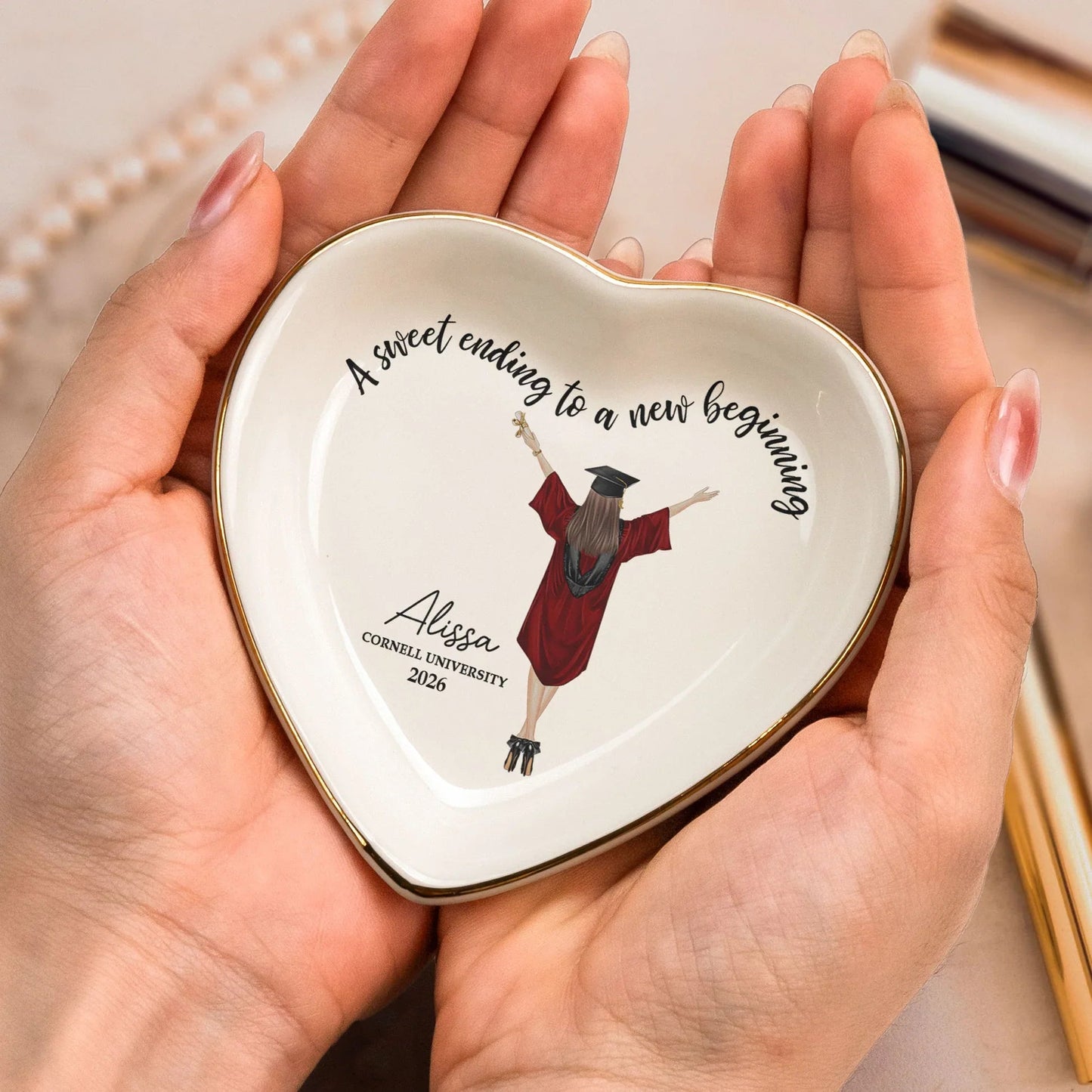 Personalized Graduation Heart Jewelry Dish With Sweet Ending To A New Beginning, Cap Toss Illustration, Unique Gift