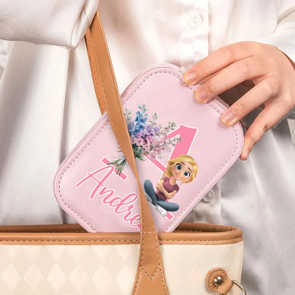 Personalized Leather LED Makeup Case with Cartoon Girl & Florals, Unique Gift for Teens & Daughters