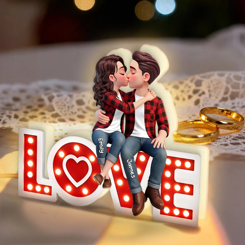 Personalized Acrylic Light Box Kissing Couple on LOVE Sign, Cozy Warm Glow Bedroom Decor, Unique Gift for Him or Her