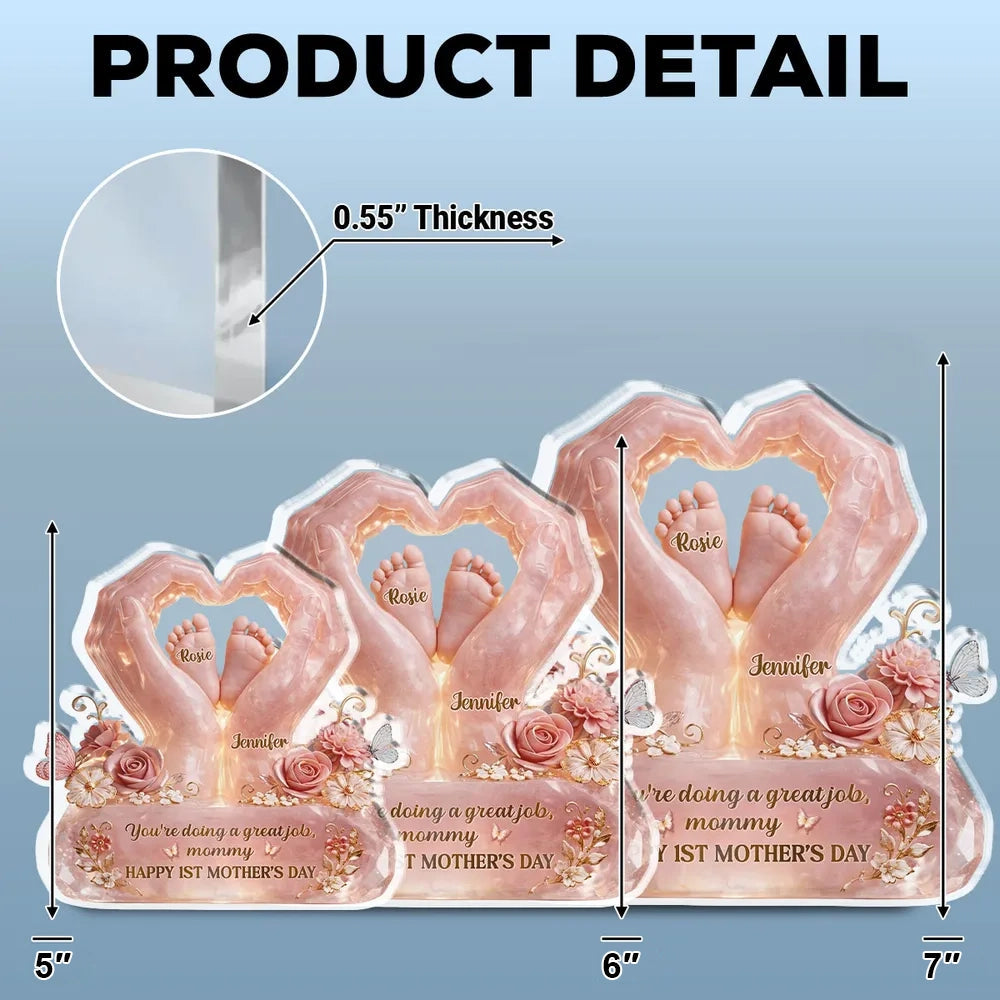 Personalized Shaped Acrylic Block Plaque for Mom, Baby Feet in Heart Hands, Mother's Day Keepsake, Unique Gift