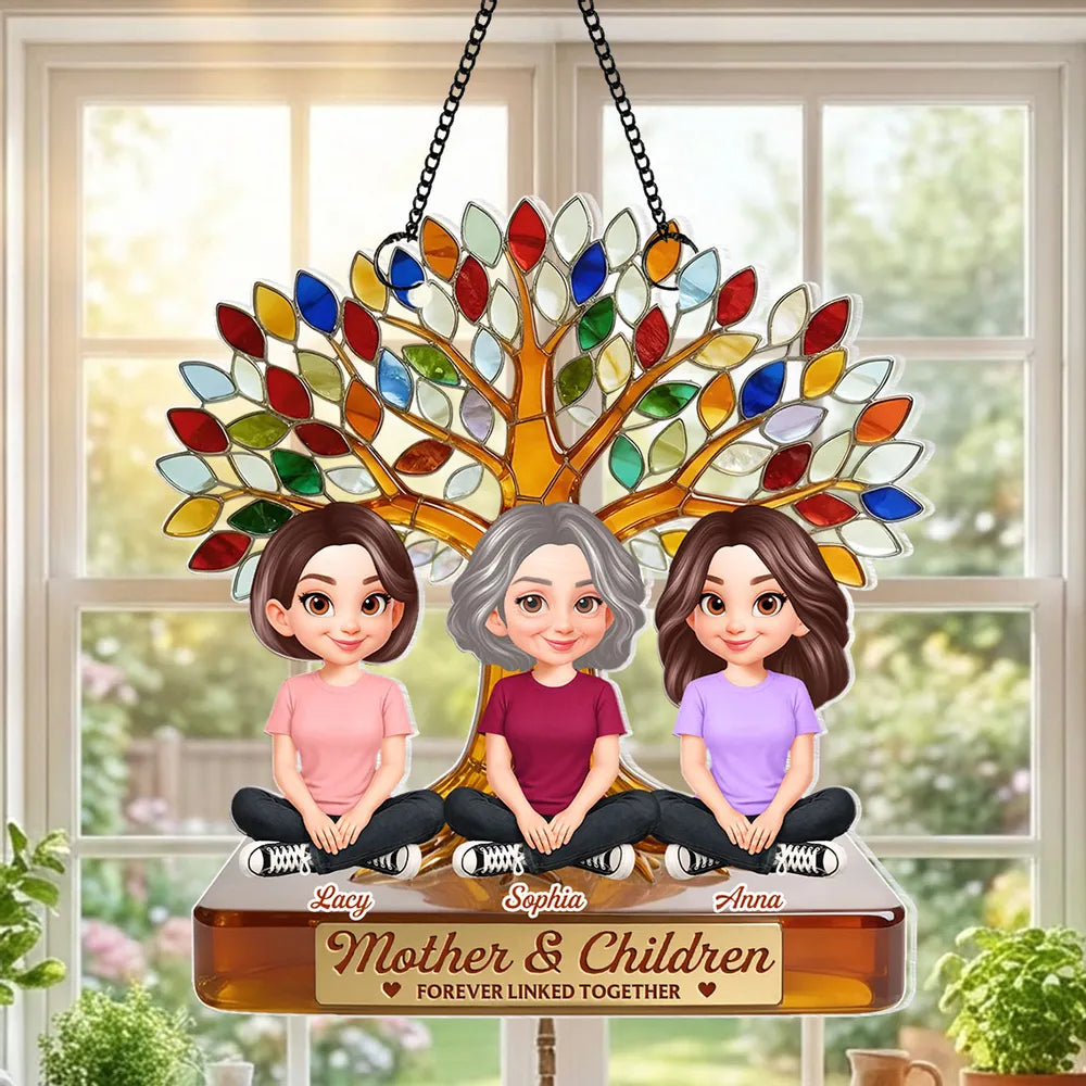 Personalized Acrylic Suncatcher Ornament for Mom, Mother and Children Under Colorful Tree, Unique Gift That Lights Up Any Window