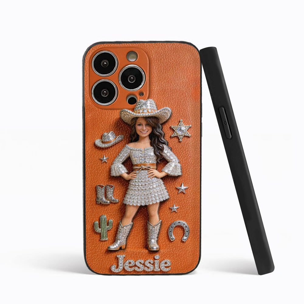 Cowgirl Spirit - Personalized Cowgirl 3D Embossed Leather Phone Case