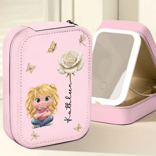Leather LED Makeup Case - Cute Sitting Cartoon Girl Design, Travel-Ready Mirror, a Unique Gift for Daughter or Best Friend