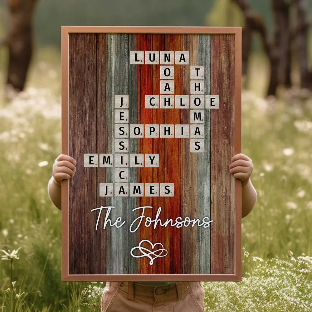 Personalized Family Name Poster Crossword Wall Art – Rustic Colorful Wood Decor, Heartfelt Home Display, Unique Gift for Parents & Loved Ones