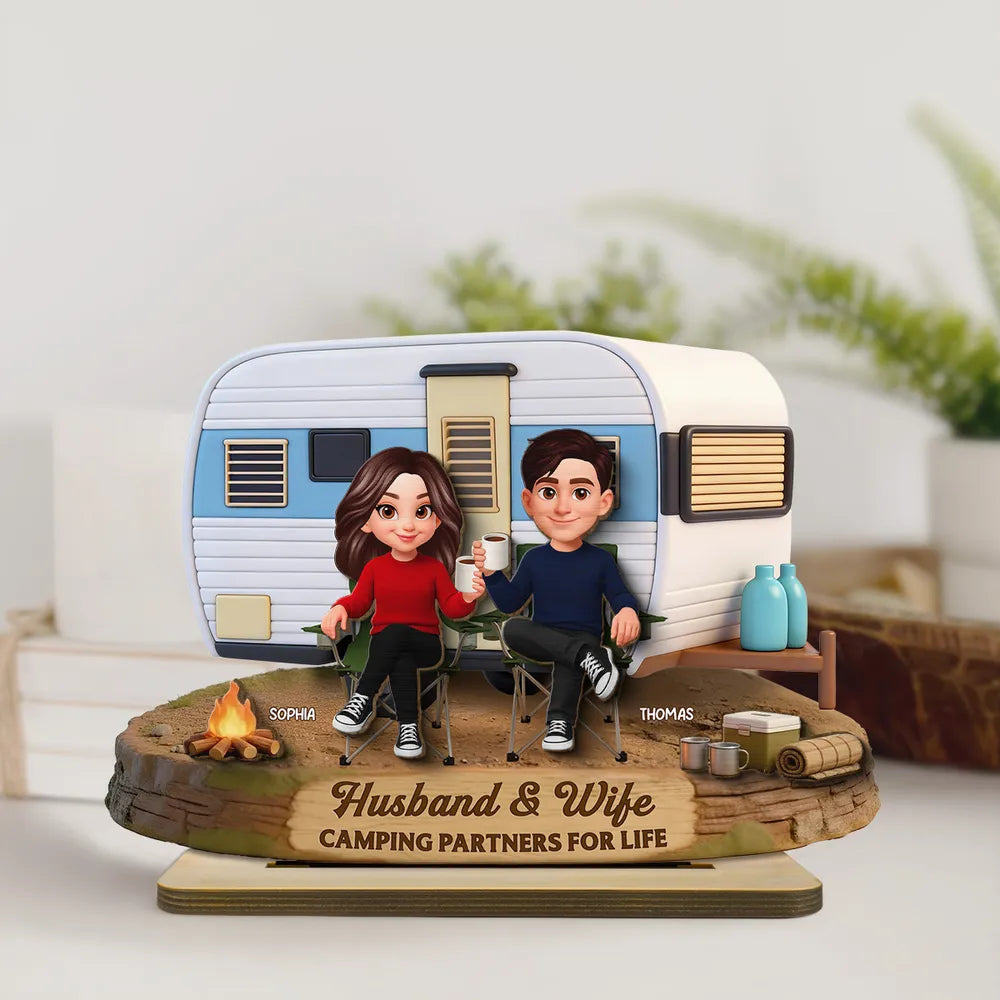 2-Layer Wooden Plaque Personalized for Husband & Wife, Cute Camper Scene Gift That Celebrates Partners for Life