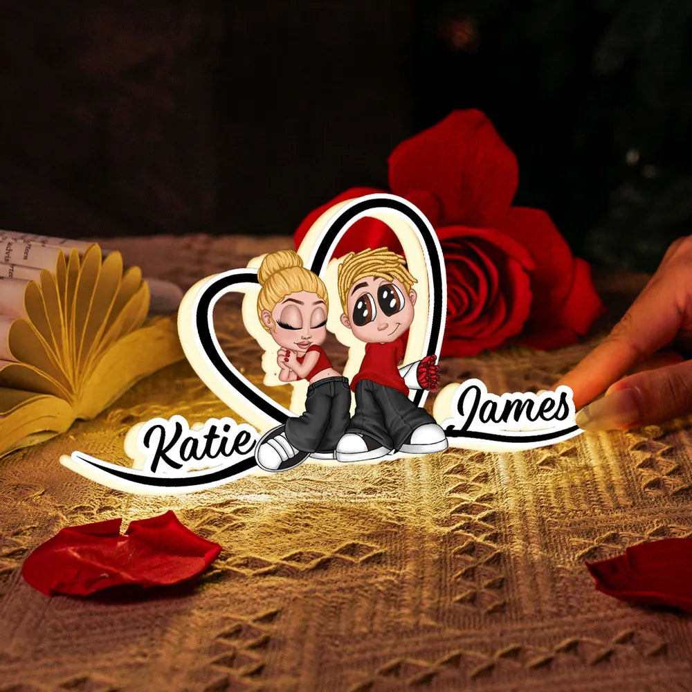 Custom LED Plaque - Adorable Couple with Romantic Heart Scene - Unique Gift for Boyfriend & Girlfriend