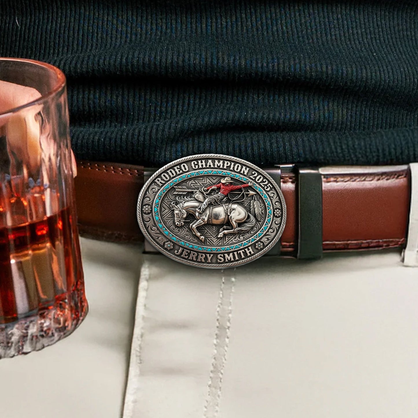 Custom From Any Photo, Rodeo Gift, Bull Riding - Personalized Western Outfit Leather Belt With Shaped Buckle