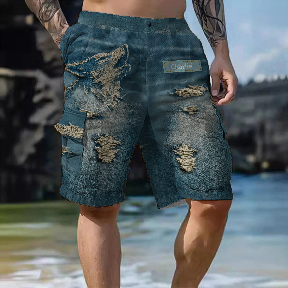 Cool Distressed Howling Wolf - Personalized Wolf Cargo Shorts With Belt