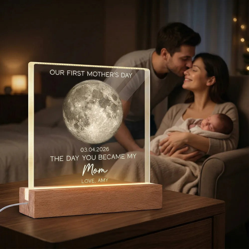 Personalized Moon Phase Block LED Light Plaque for First Mother's Day - Unique Gift for a New Mom, Warm Cozy Night Light