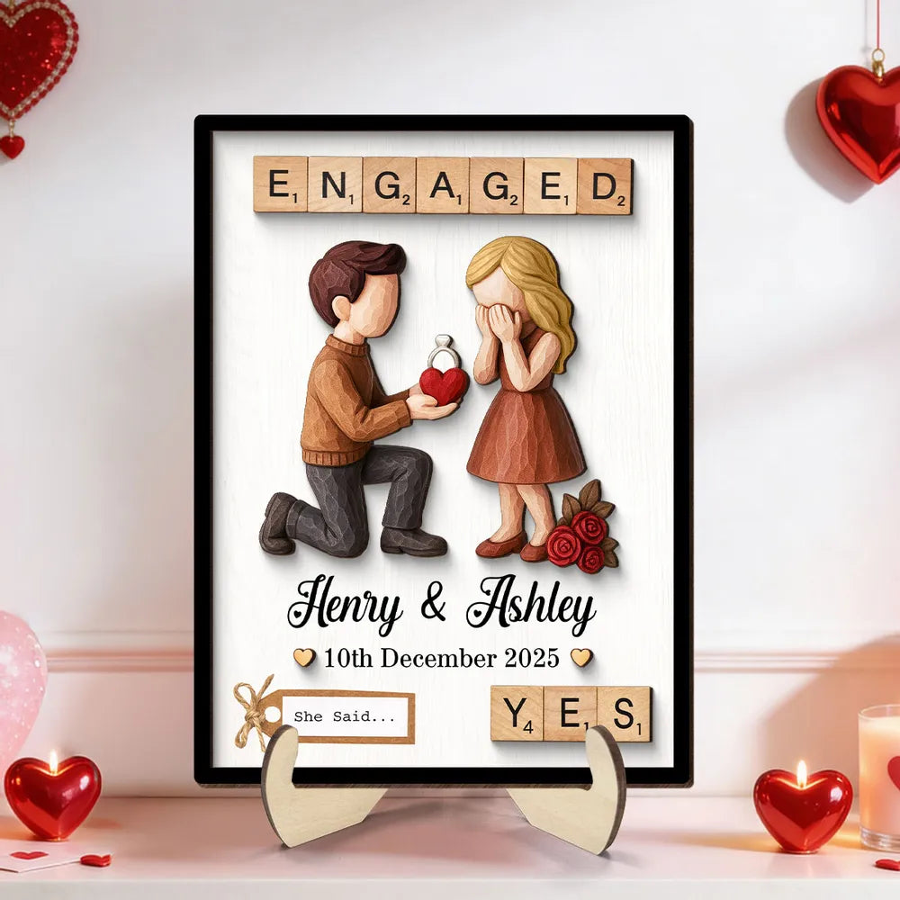 2-Layer Wooden Plaque with Engaged Couple Proposal Scene and 'She Said... Yes' - Personalized Keepsake Gift for Couples