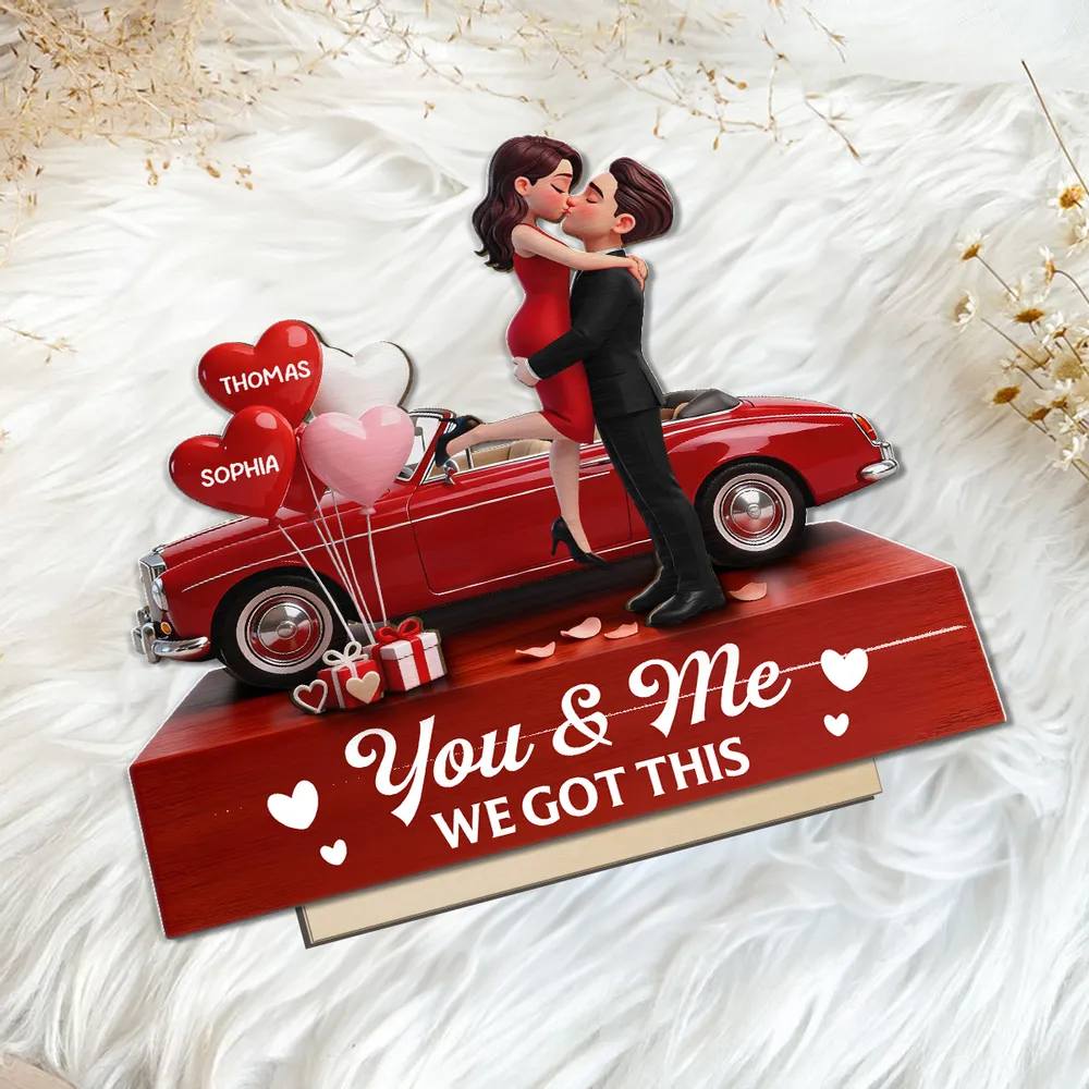 Personalized 2-Layer Wooden Plaque Couple Hugging by a Red Car, You & Me We Got This, Unique Valentine's Day Gift