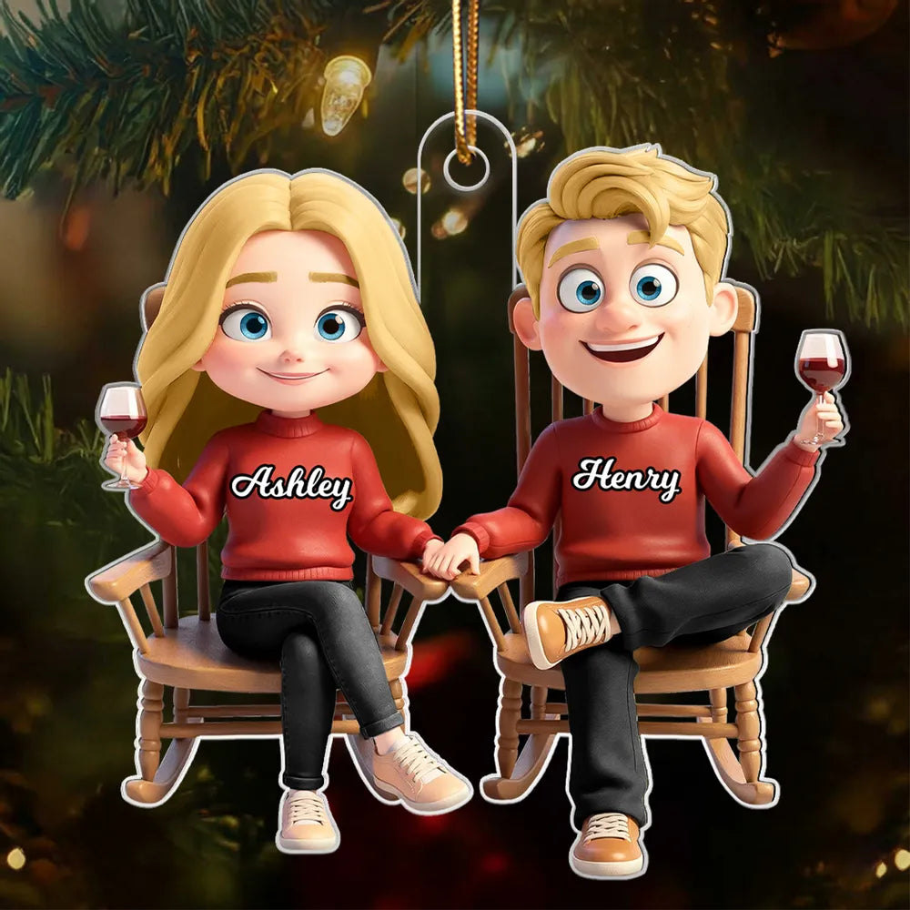 Personalized Acrylic Ornament with Cute Cartoon Couple in Rocking Chairs – Cozy Wine Night Scene, Unique Gift for Couples & Home Holiday Decor