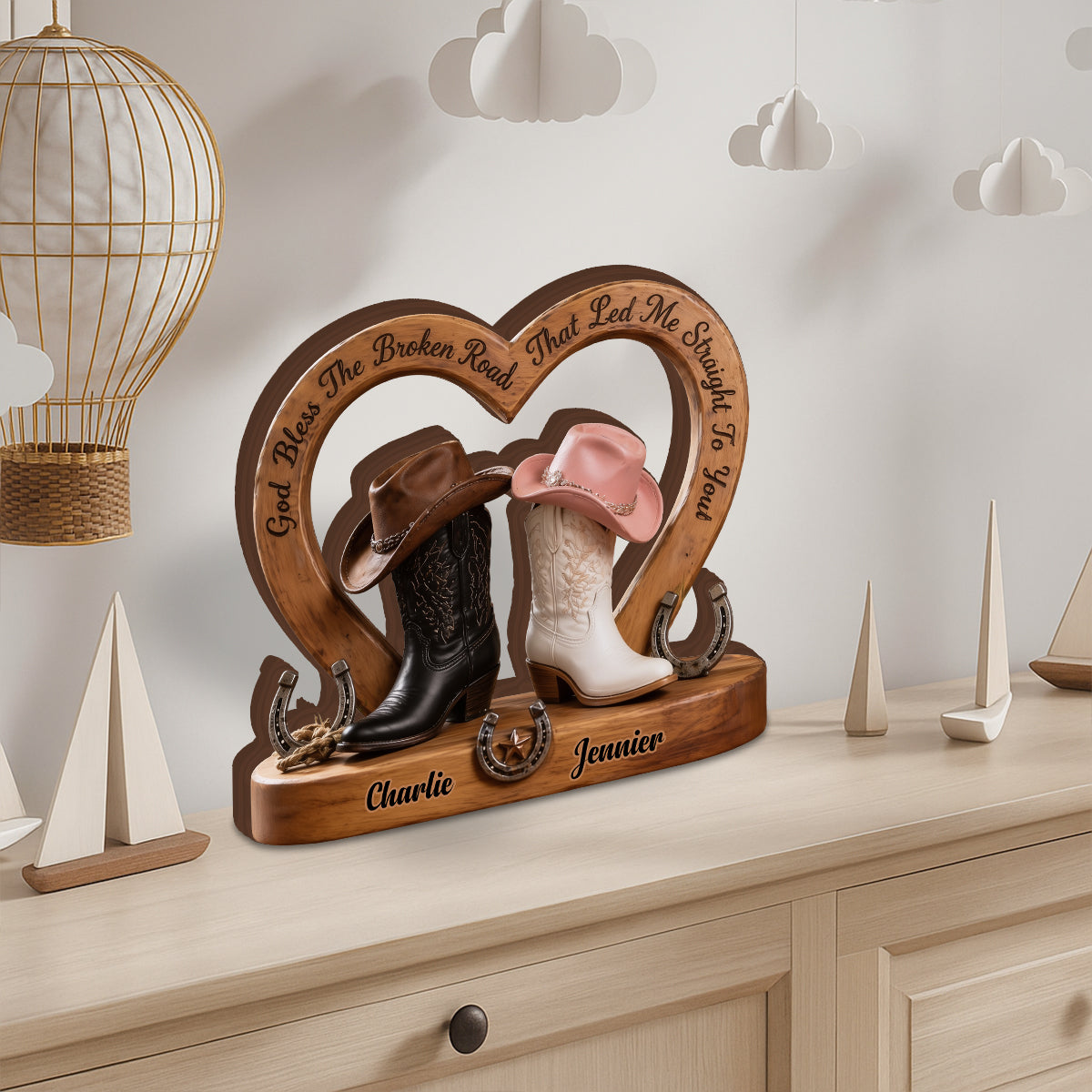 Cowboy & Cowgirl Couple, Western House Decoration, God Bless The Broken Road - Personalized Western Outfit Custom Shaped Wood Plaque