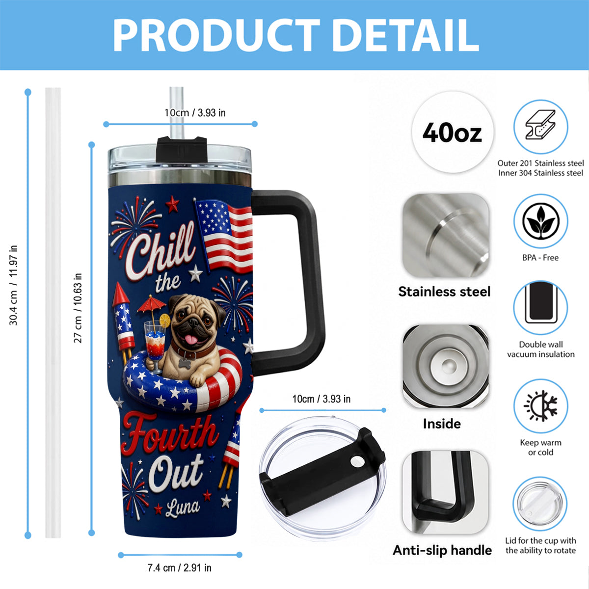 Funny Pet Chill The Fourth Out - Personalized Dog Tumbler With Plush Charm