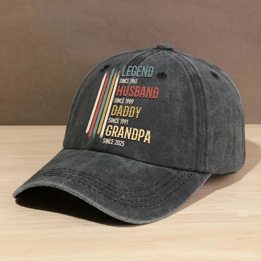 Washed Denim Baseball Cap with Personalized Vintage Legend Message, Everyday Casual Hat for Husband or Grandpa, Thoughtful Gift