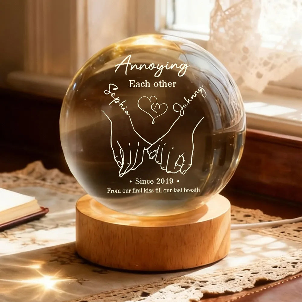 Annoying Each Other Still Going Strong Personalized Crystal Ball LED Night Light, Romantic Warm Glow Holding Hands, Unique Gift for Him or Her