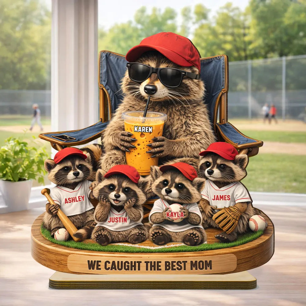 Personalized 2-Layer Wooden Plaque, Funny Raccoon Baseball Dad Scene, Unique Father's Day Gift