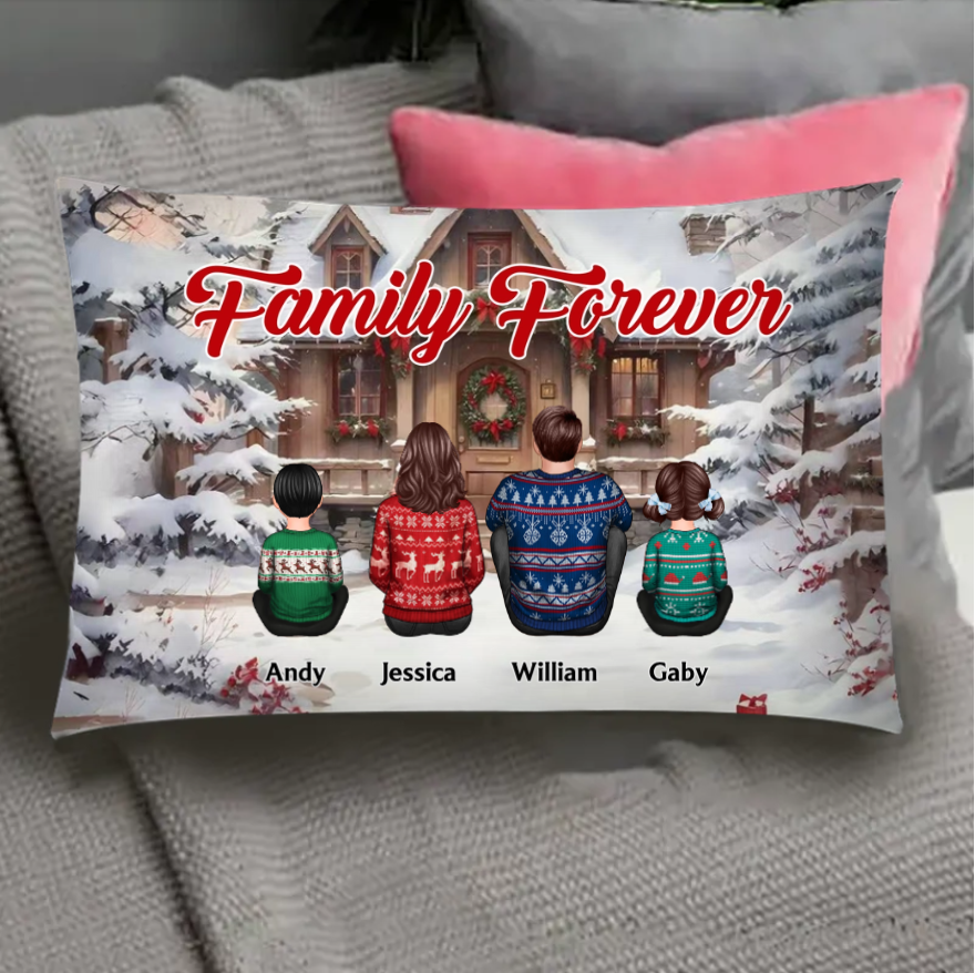 Snow House Back View Family Sitting Personalized Poster or Ornament or Plaque or Keychain