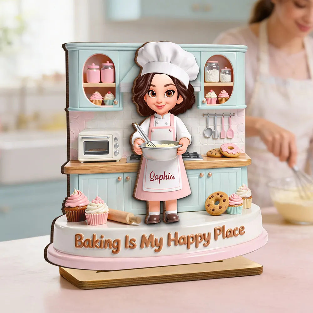 Personalized 2-Layer Wooden Plaque, Baking Is My Happy Place Cute Chef in Pastel Kitchen, Unique Gift for Mom or Grandma