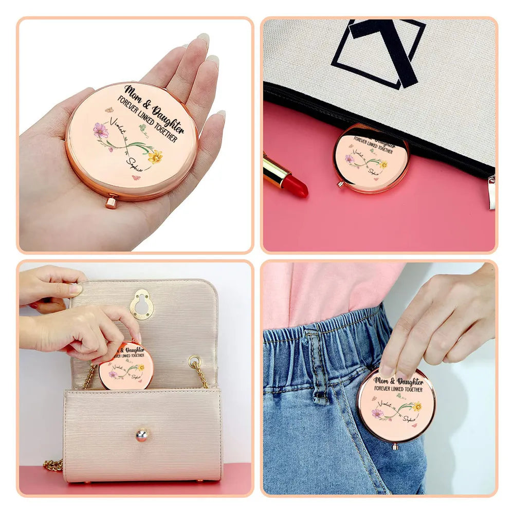 Personalized Metal Compact Mirror Mom & Daughter Forever Linked Together Floral Design - Unique Gift for Mom