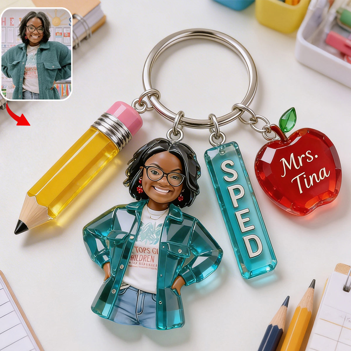 Custom Any Photo Gift For Teacher/Educator - Personalized Teacher Premium Keychain With Charms