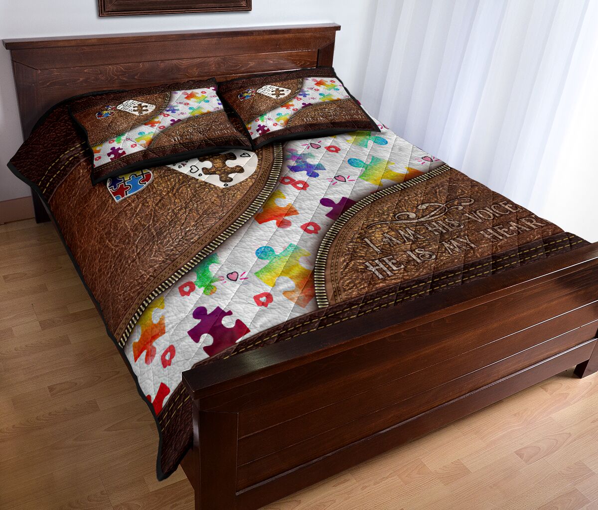 I Am His Voice He Is My Heart Leather Pattern Print Autism Awareness Quilt Set 0622