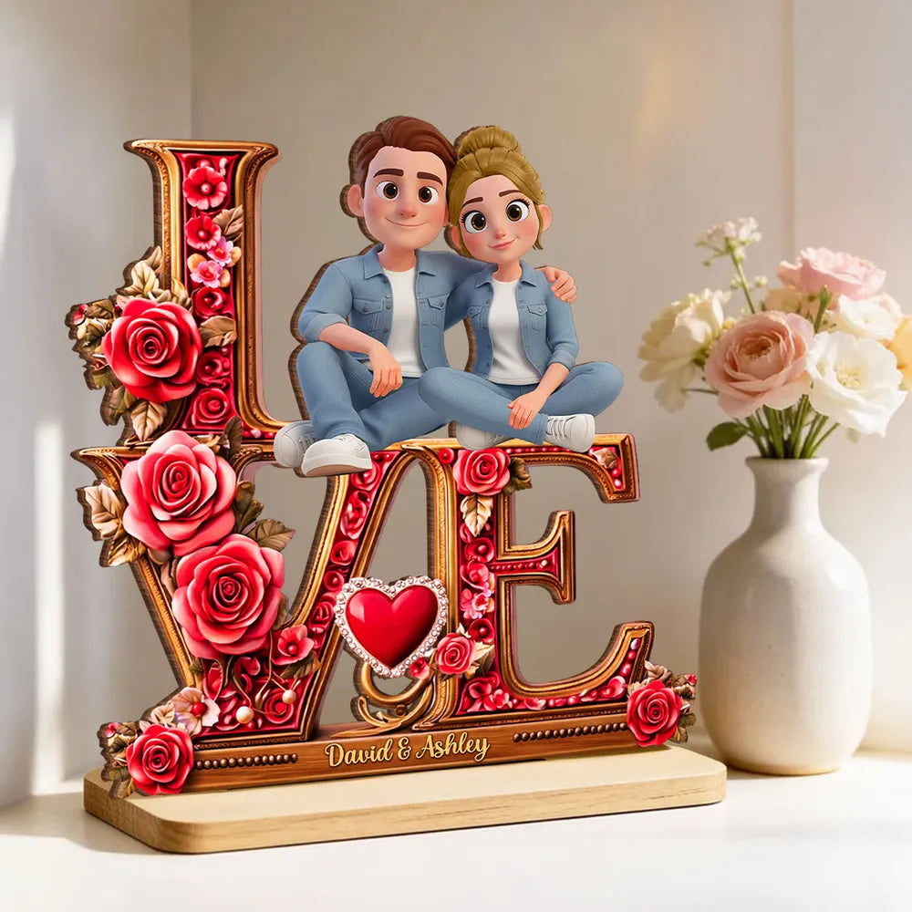 Personalized 2-Layer Wooden Plaque with Cartoon Couple Sitting on LOVE Roses - Unique Romantic Gift for Her or Him