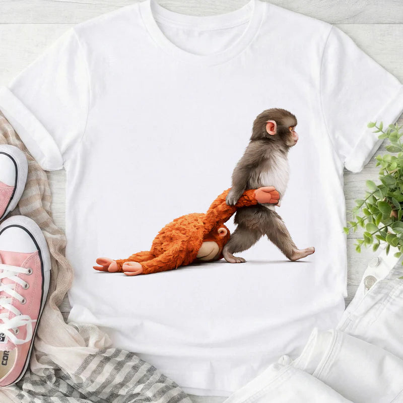 Personalized Classic Tee with Baby Monkey Punch Journey Graphic, Cute Animal Lover Gift for Everyday Smiles