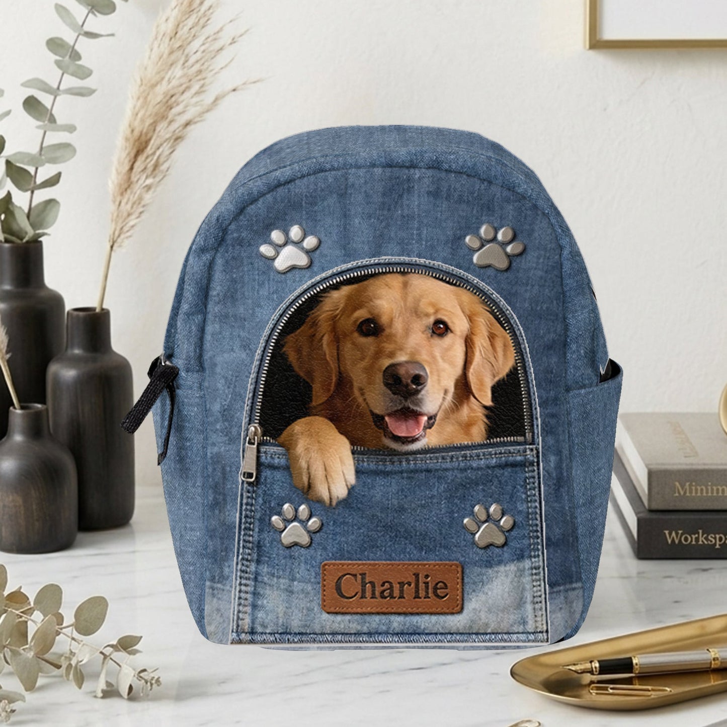 Any Photo Personalized Denim Dog Backpack - Personalized Dog Changeable Leather Patch Backpack