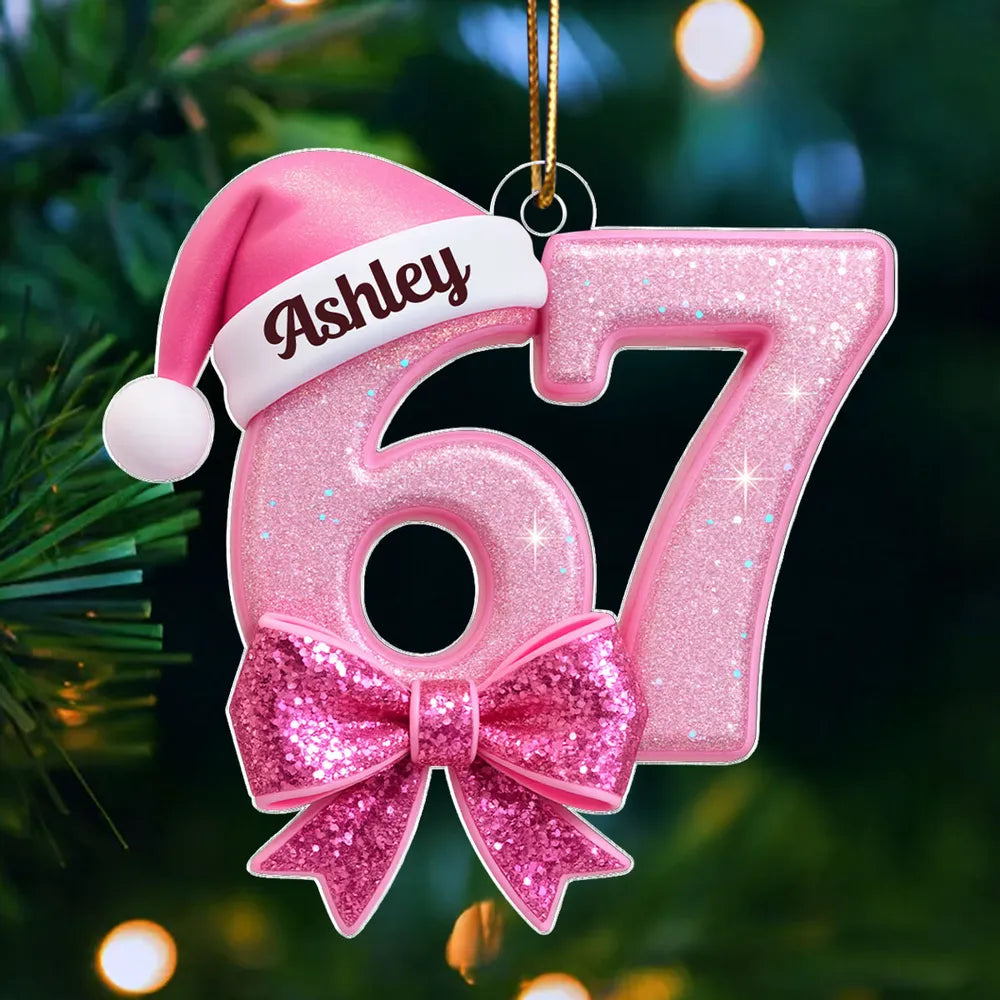 Custom Acrylic Ornament in Pink Glitter Number Style, Festive Santa Hat & Big Bow, Sweet Holiday Keepsake Gift for Grandkids