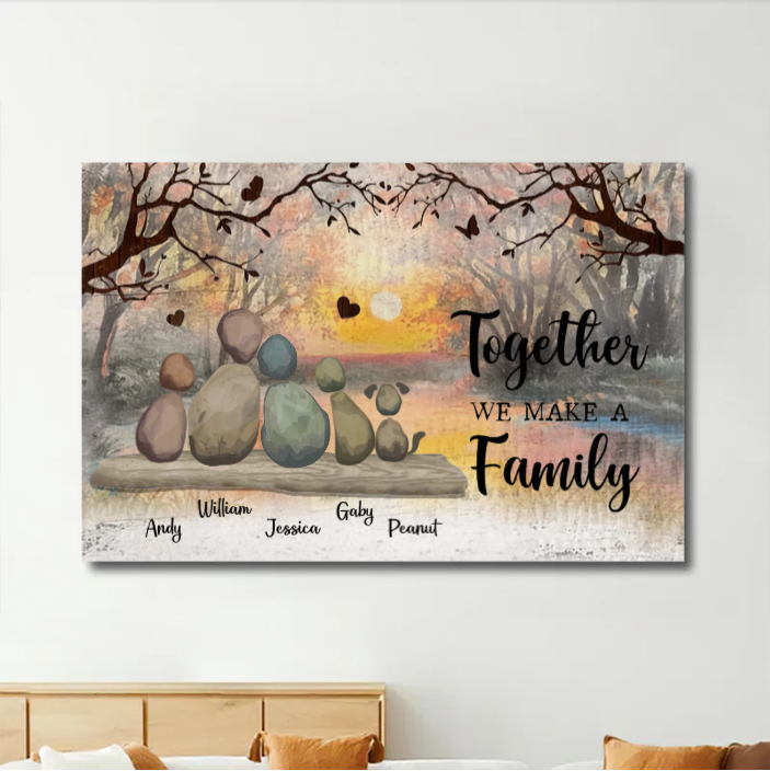 Personalized Family Rock Art Poster or Plaque or Keychain or Ornament, Custom "Together We Make a Family" Gift for Home Decor