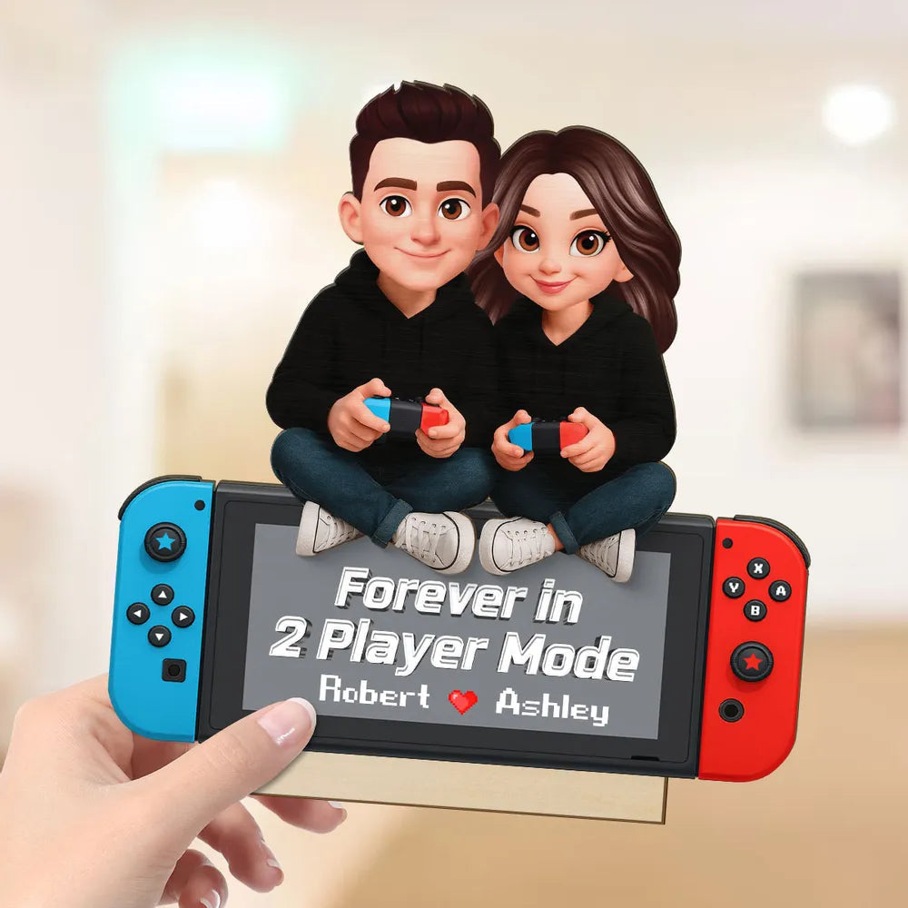 2-Layer Wooden Plaque Personalized Gaming Couple Sitting with Controllers - Forever in 2 Player Mode Romantic Gift for Gamers